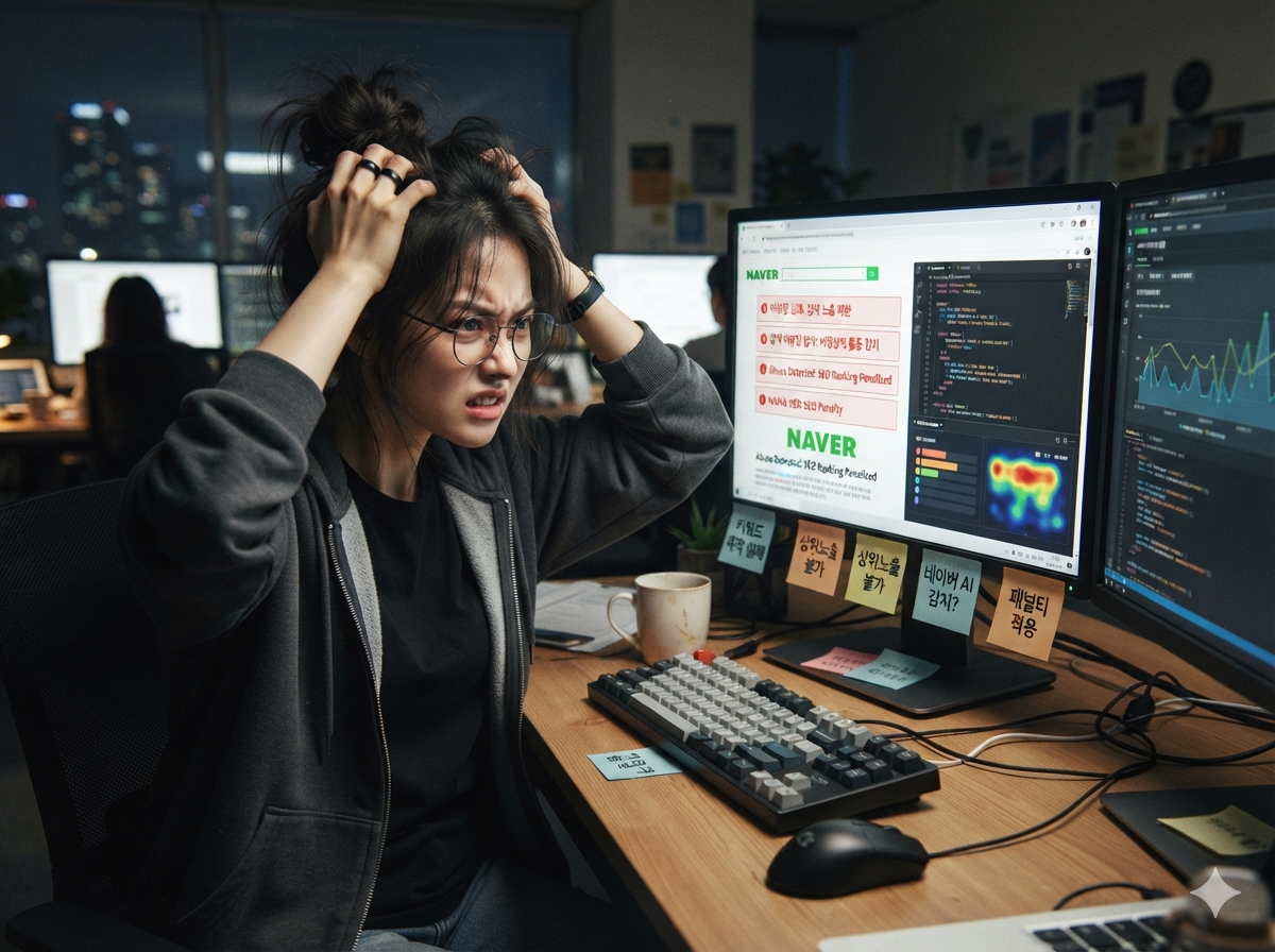 어뷰징 작업이 막혀서 스트레스 받는 대행사 여직원
